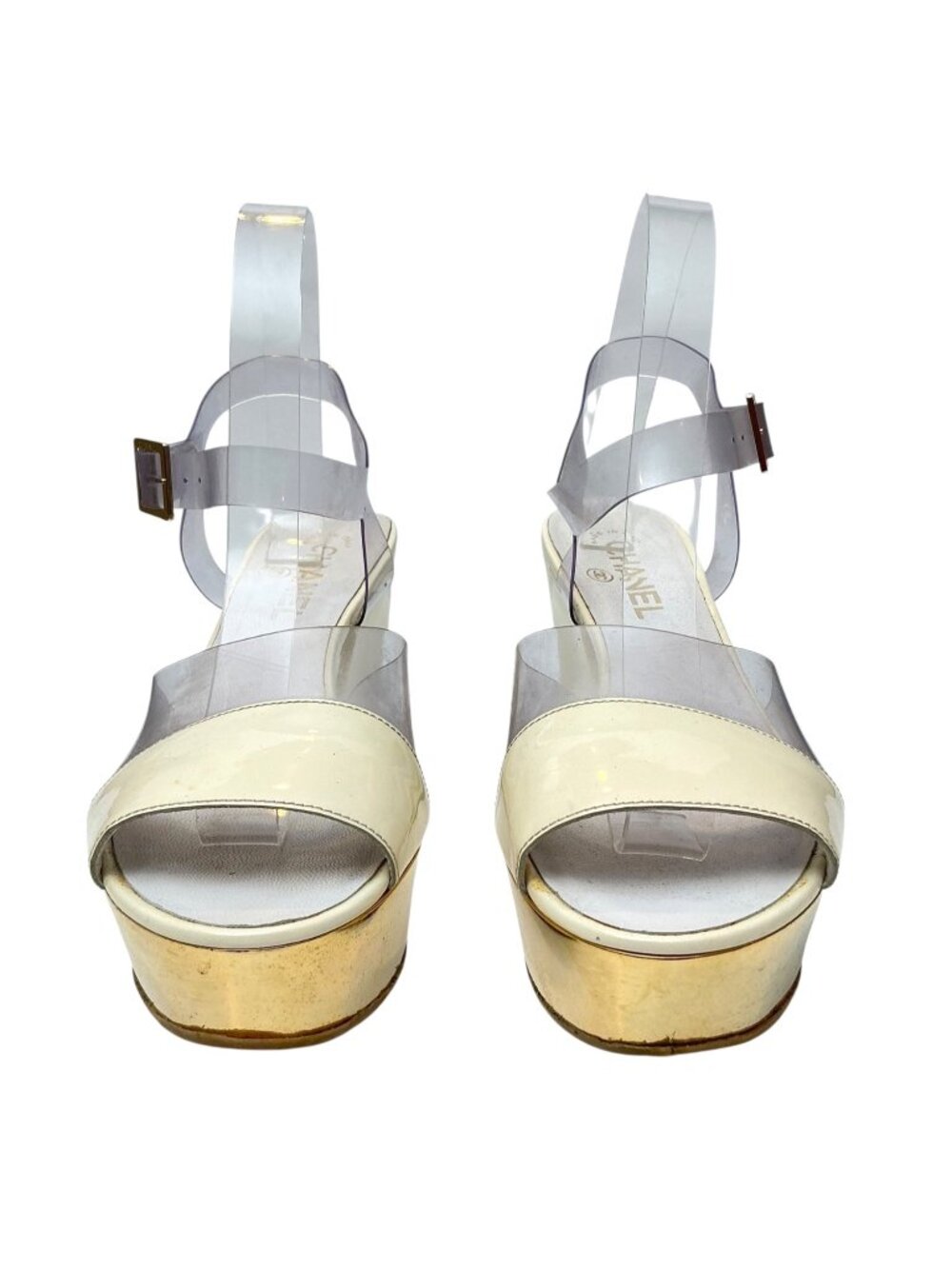 CHANEL Vintage Gold Wedge Platforms With PVC Straps sz 9.5 - Picture 4 of 16